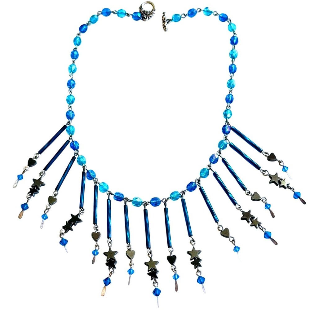 Flashy Heart Star Bib Waterfall Necklace Hematite Stone Glass Crystal Beaded VTG